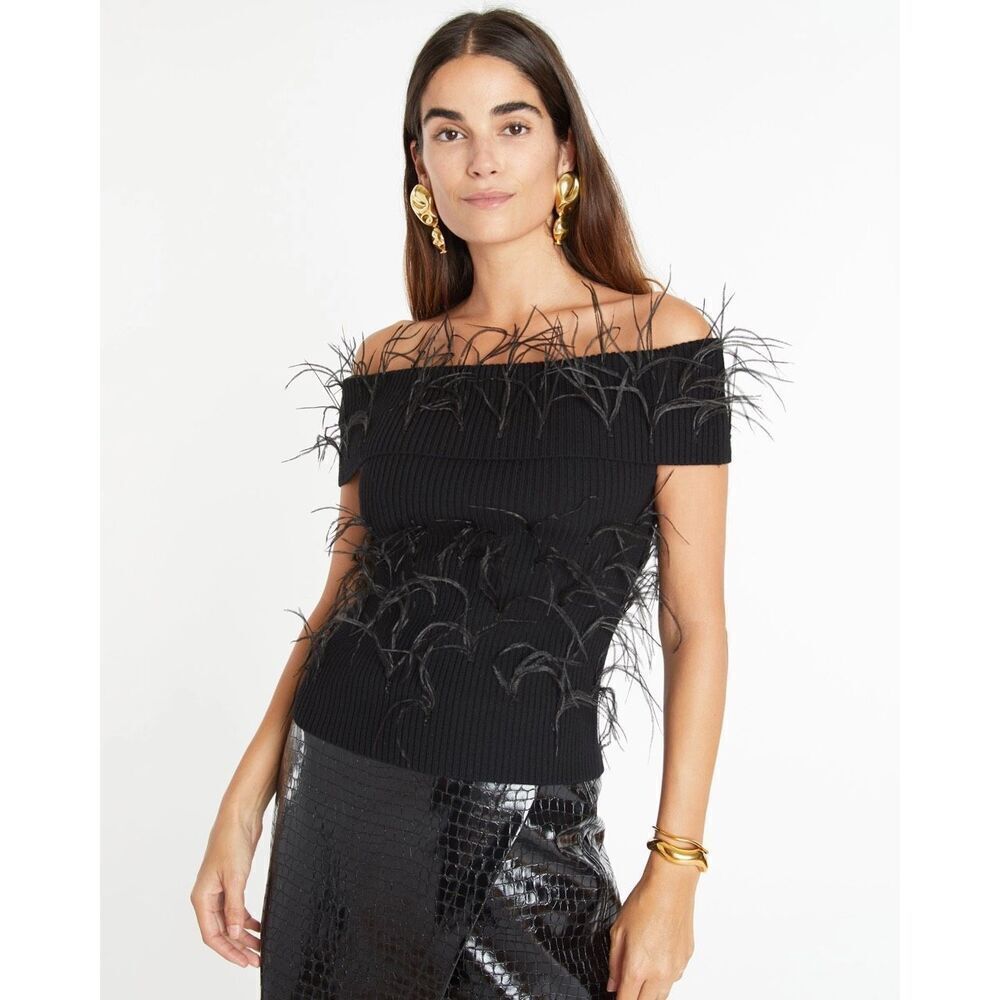 Tanya Taylor Mindy Knit Top in Black Merino Wool Size L NWT